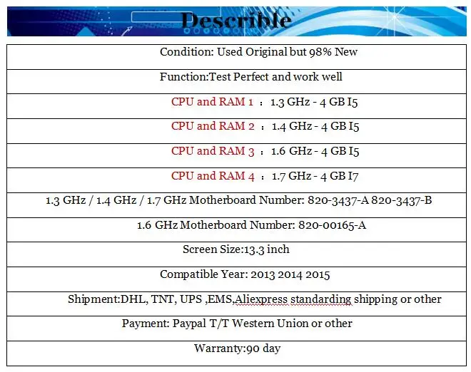 Оригинальная материнская плата 1,3 ГГц 1,4 ГГц 1,6 ГГц 1,7 ГГц 4G для MacBook Air 1" 2013 A1466