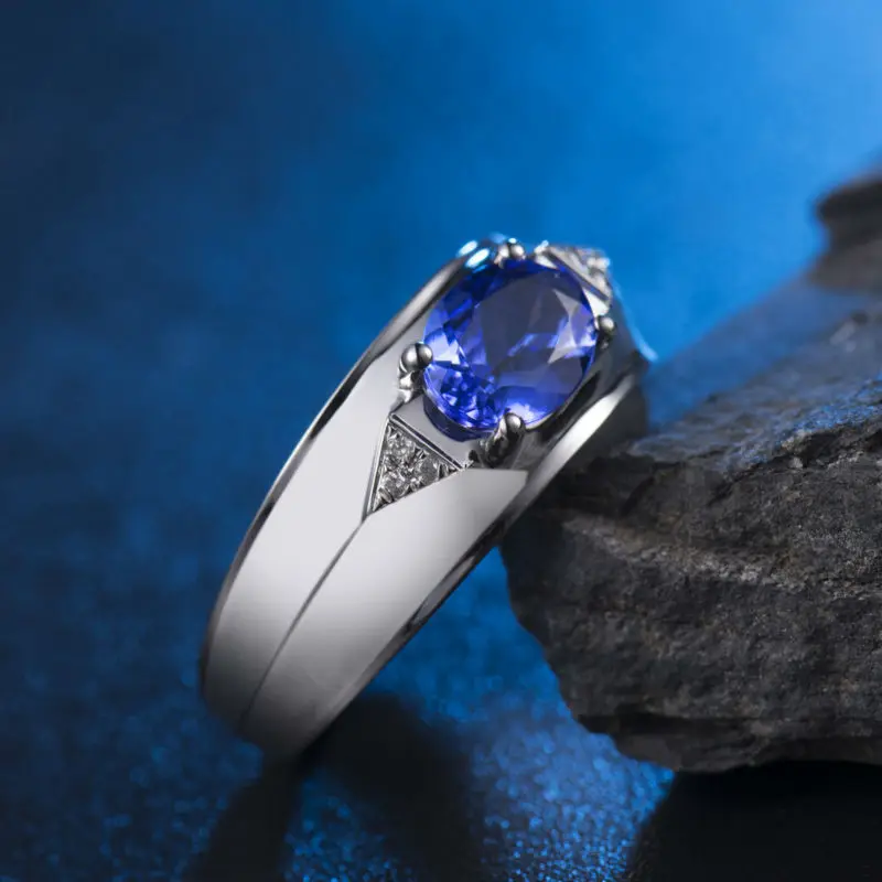 Винтаж танзанит кольцо Овальный 6x8 мм 18Kt из белого золота с натуральным бриллиантом Кольца для мужчин подарок WU0312H
