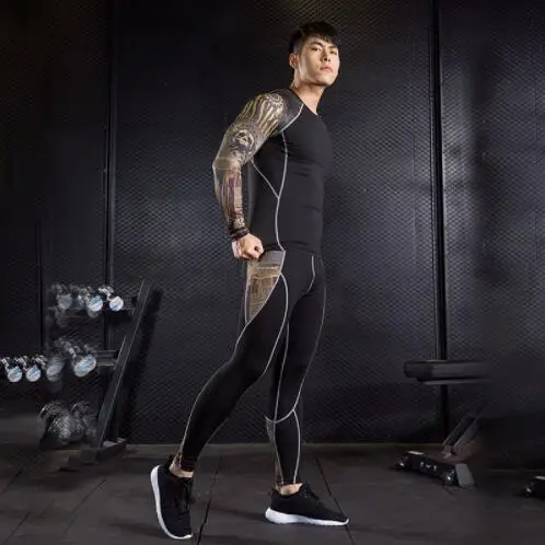 

rashguard men compression MMA Clothing tracksuit men Long-sleeved T-shirts fitness shirt tights men leggings 2pc set S-4XL
