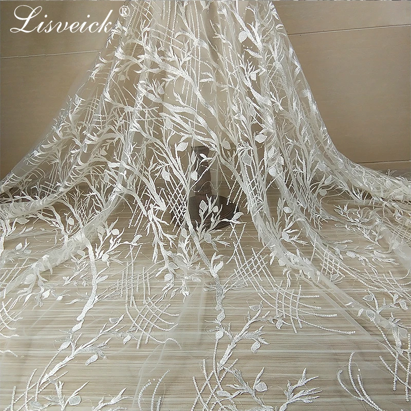 Tela de encaje francés con bordado de lentejuelas de rama blanca vintage, tejido de tul de red para vestido de fiesta nigeriano de boda, alta calidad