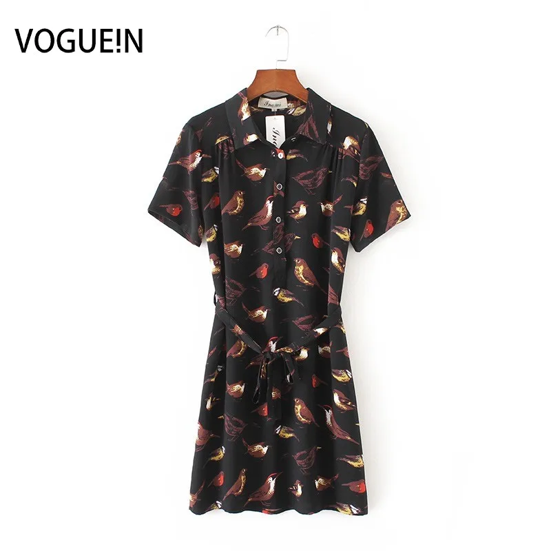 Женское мини платье с отложным воротником и принтом в виде птиц черное коротким