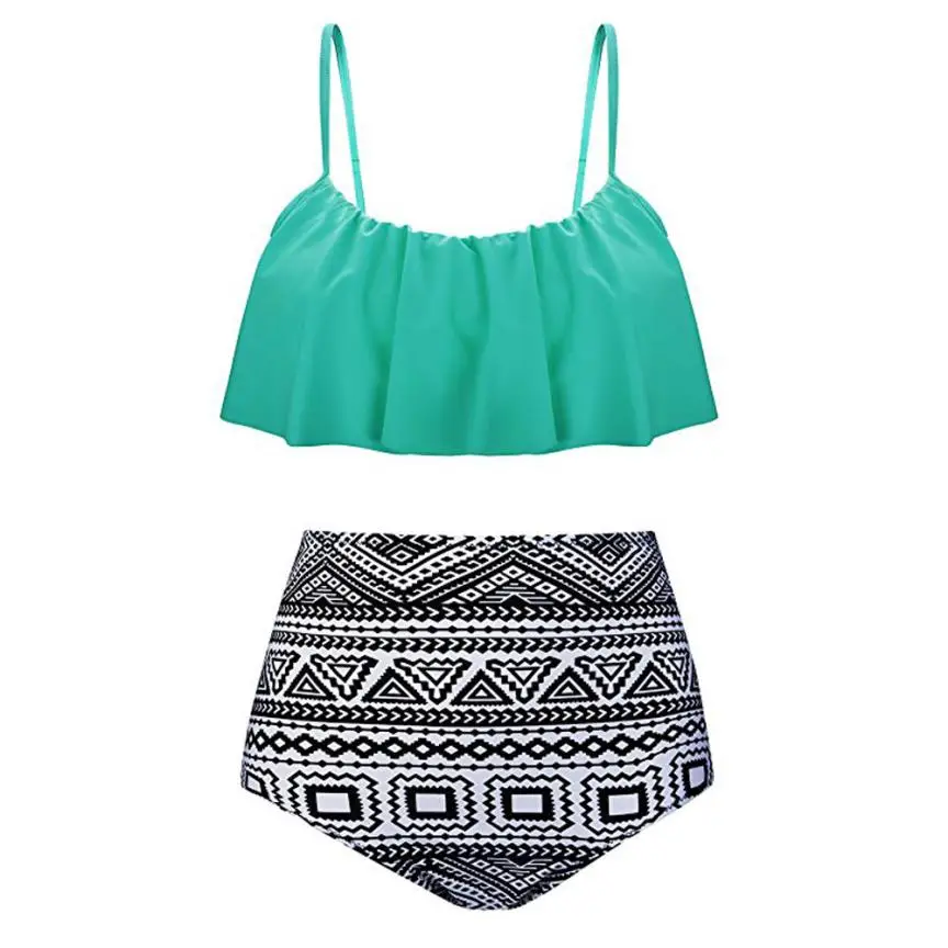 Высокая талия женские бикини слинг гофрированные печатных этнический стиль