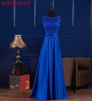 royal blue 2019 floor length appliqued beading formal dress lace up back party dress scoop neck lace satin evening dresses