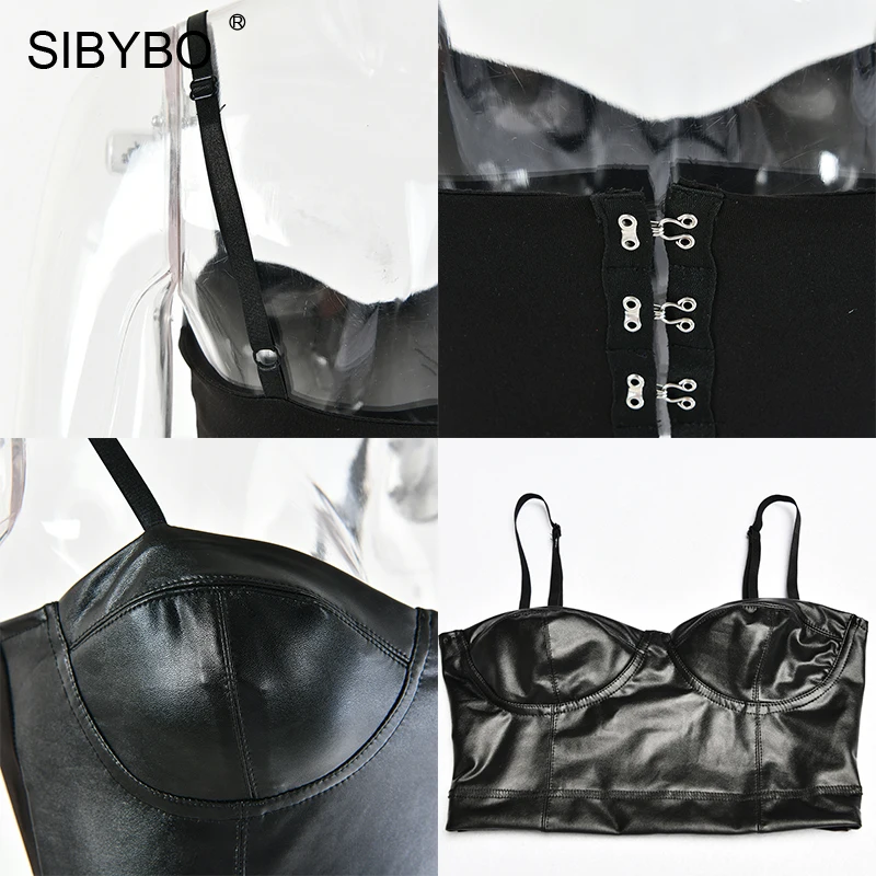 

SIBYBO Spaghetti Strap PU Sexy Crop Top Women V-Neck Slim Summer Tank Top Black Backless Casual Women Tops