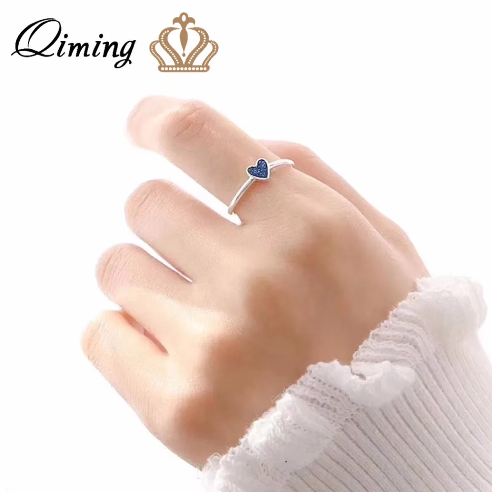 QIMING принты Blue Heart женские кольца с открытым Регулируемый маленькое сердце любви