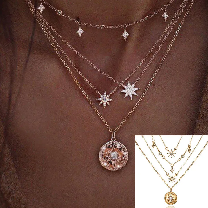 4Layer Sun Pearl RAVIMOUR бохо колье ожерелье s Женская Золотая звезда круглая монета подвеска ожерелье цепь богемное сексуальное ювелирное изделие винтажный воротник - Окраска металла: 4Layer Sun Pearl