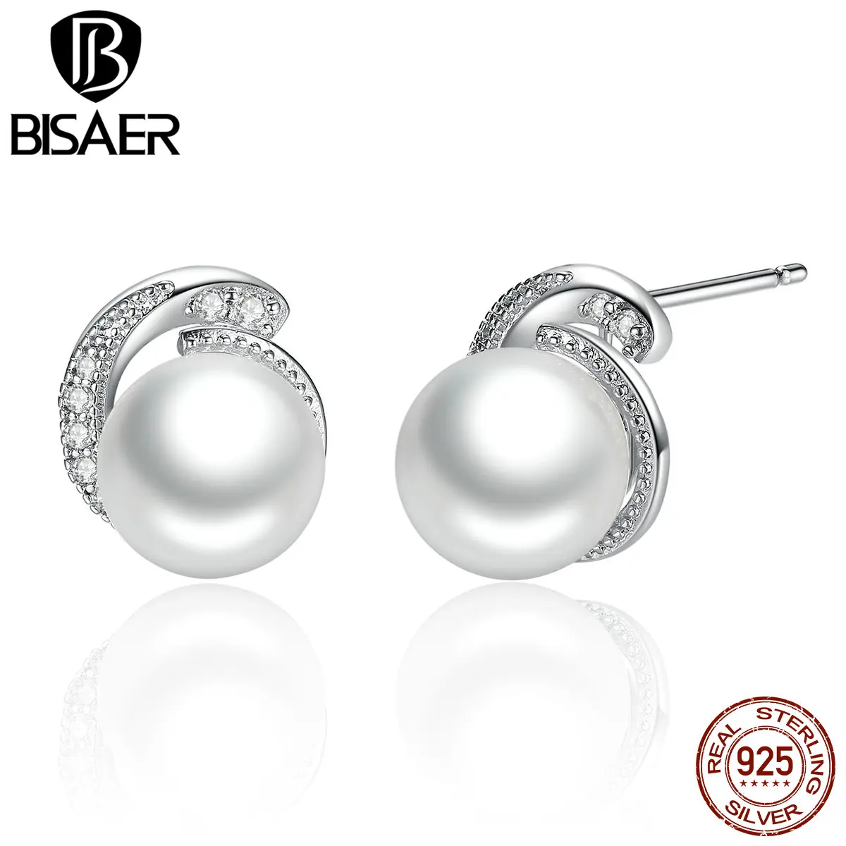 Женские жемчужные серьги пусеты BISAER гвоздики из стерлингового серебра 925 пробы с