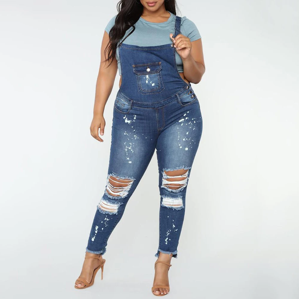 Denim Blue-1 Джинсовые комбинезоны для женщин; большие размеры 5XL; Повседневный джинсовый комбинезон с рваными дырками; женские облегающие комбинезоны; уличные комбинезоны; combinaison femme; H25 - Цвет: Denim Blue-1