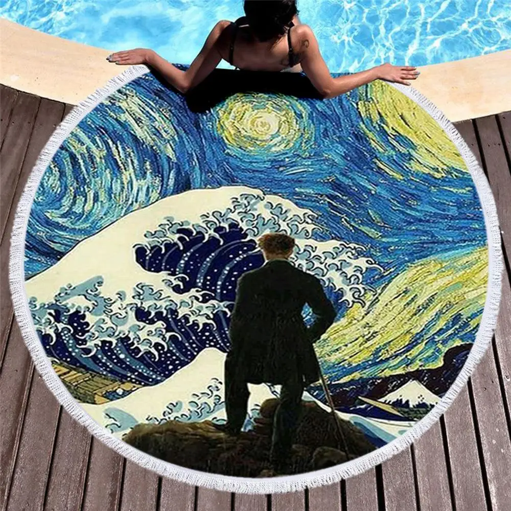 Круглый пляжное полотенце с кисточкой японские Знаменитые Картины большая волна