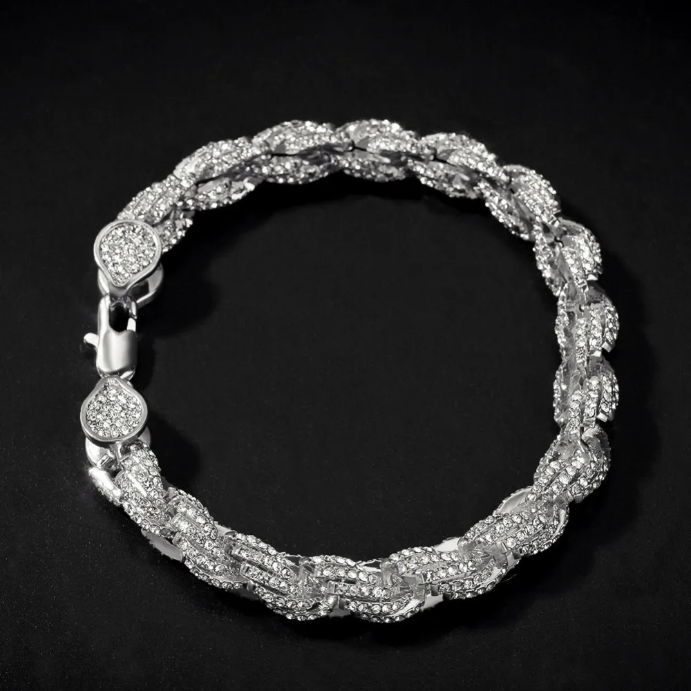 Шикарный король хип-хоп Wome Мужская модная Веревка Браслет цепочка BLING Bling Стразы 9 мм золотой цвет Iced Out ювелирные браслеты
