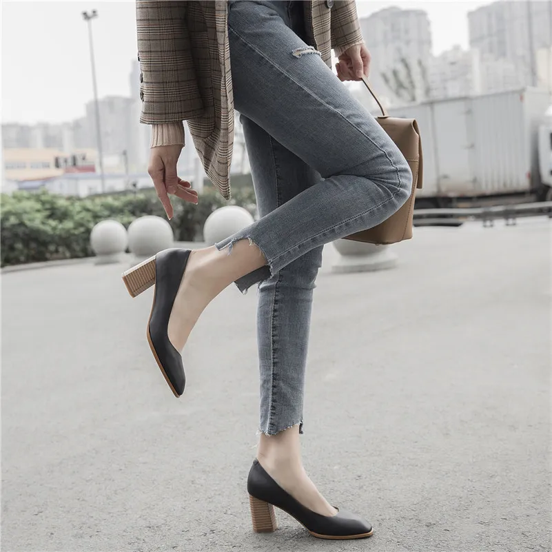 FEDONAS New Women Genuine Leather Square High Heels Pumps Elegant Party Wedding Shoes Woman Slip On Office Pumps