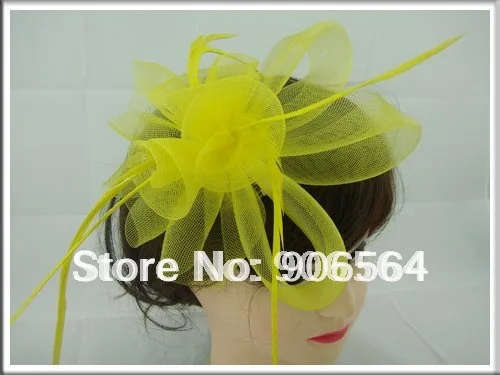 Yellow Feather Hair Fascinator Hats Kentucky Derby Headwear Red Mesh Veils Brooches Bridal Hats Beauty for Wedding Party RMSF007