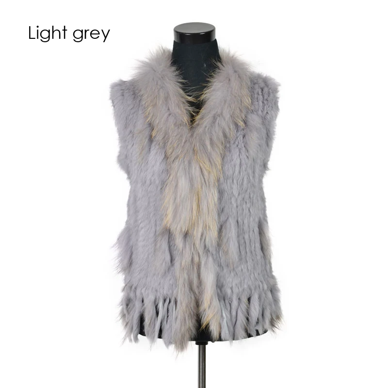 Light grey VR001-17,, женский жилет из натурального кроличьего меха с воротником из меха енота, жилет/куртки из кроличьего меха - Цвет: Light grey