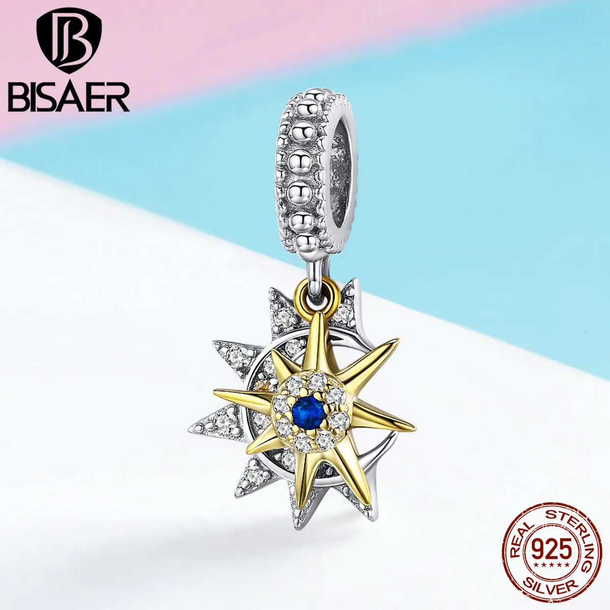 

BISAER Authentic 925 Sterling Silver Sun & Moon Charms Zircon Planet Beads fit Women Bracelet Necklaces DIY Jewelry ECC1135