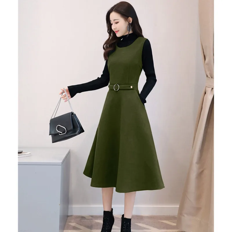 

UHYTGF New Fashion long Woolen Dress Women Knitted Sweater Vest Dresses Vestido Casual Slim SweatersTwo-Piece Autumn Winter 820
