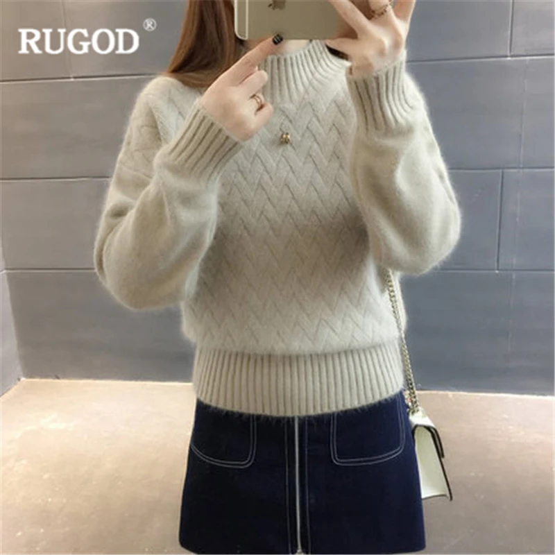 Женский свитер с высоким воротом RUGOD однотонный вязаный на осень и зиму 2019 |