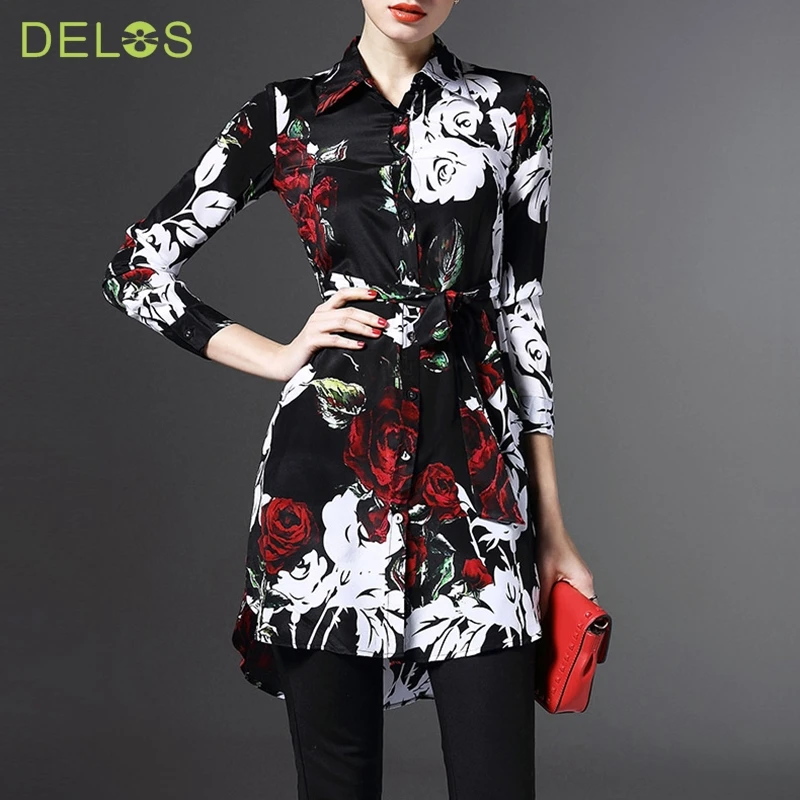 DELSO Марка Vestido Женская Мода Новый Длинным Рукавом отложным Воротником Цветочные