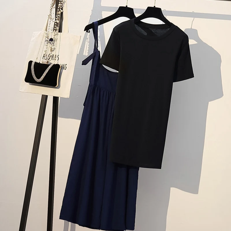 Black- Navy Trytree летний женский комплект из двух предметов Повседневный с o-образным вырезом Длинный топ+ брюки длиной до середины икры широкие брюки на бретельках костюм набор сплошной комплект из 2 предметов - Цвет: Black- Navy
