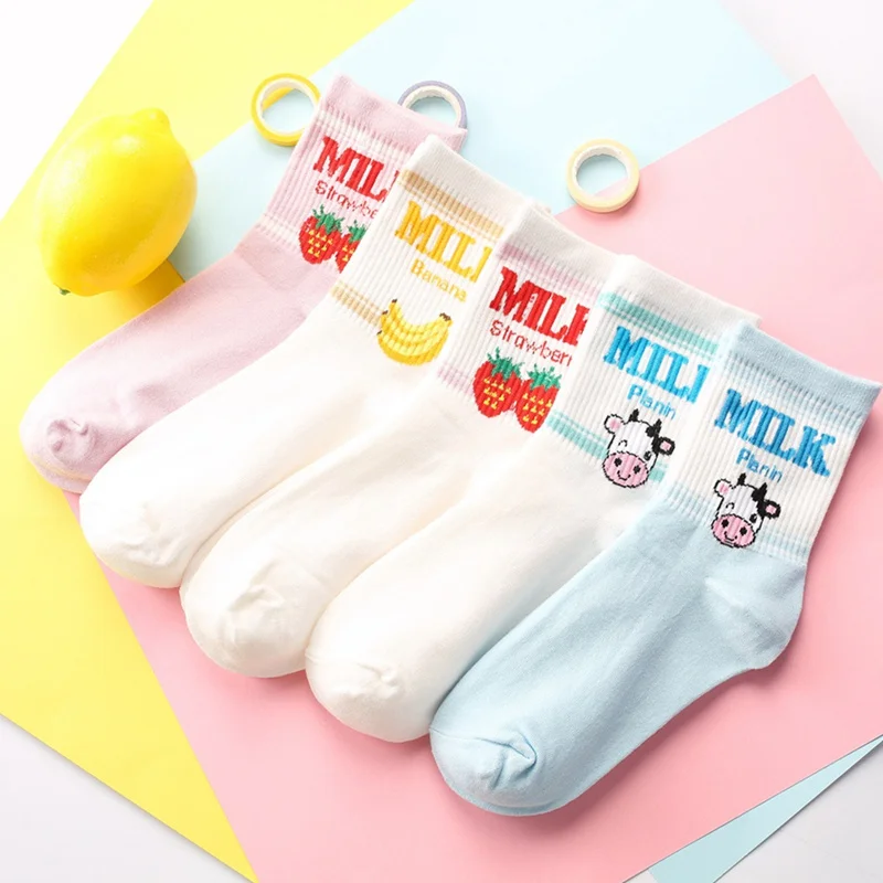 Kawaii жаккардовые фрукты Клубника молочный розовый/белый женские носки японские