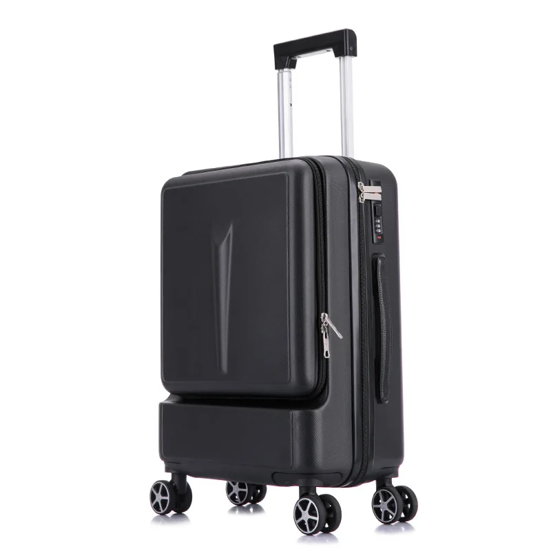 BXJZHTLRZK new suitcase front open computer bag high quality business 20" 24" rolling luggage boarding student suitcase - Цвет: Черный