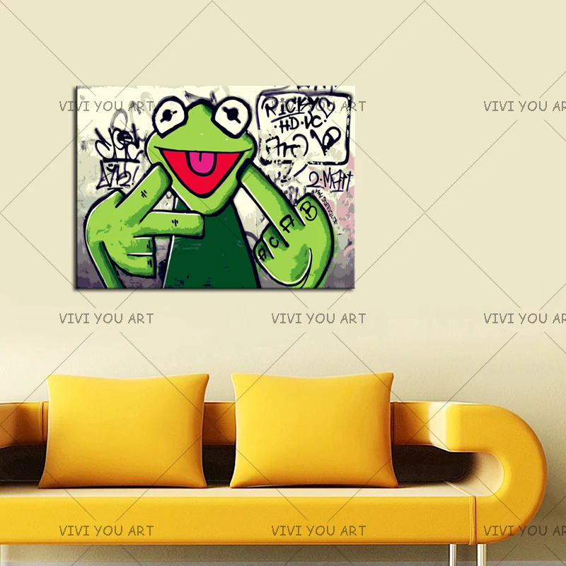 Уличные граффити искусство лягушка Kermit палец 100% ручная работа Холст Картина