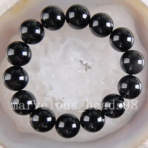 Бесплатная доставка, Красивые Украшения, 14 мм, черный сердолик, стрейчевый браслет 7 дюймов E3574