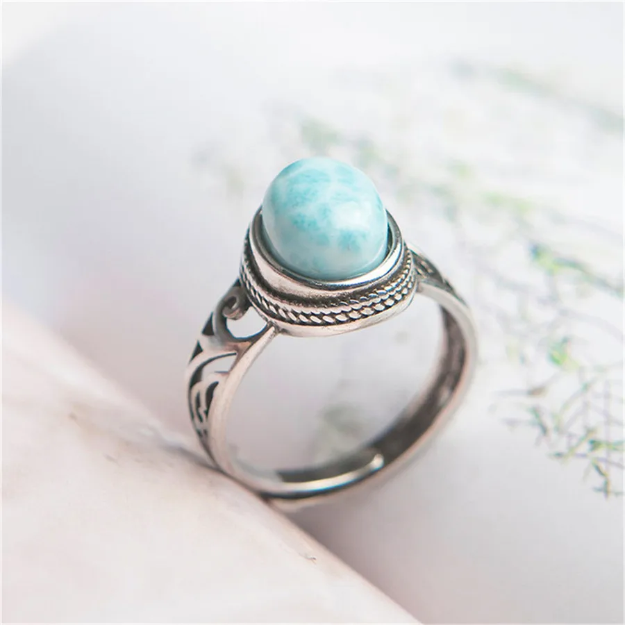 Genuine Natural Larimar Crystal Round Stone Beads Lady Stering Sliver Ring 8*9mm