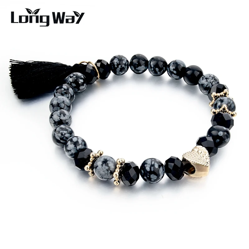 

LongWay Boho Jewelry Vintage Black Stone Bracelet For Women And Men Tassel Elastic Charm Bracelets & Bangles Sbr150353