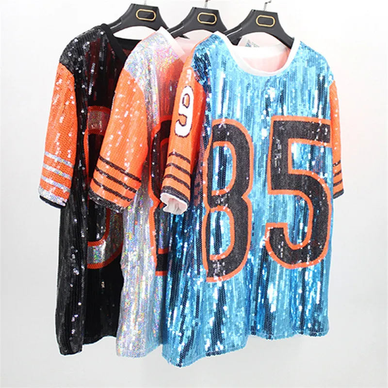 2018 Новый блестками футболка женский с короткими рукавами летние длинные большой