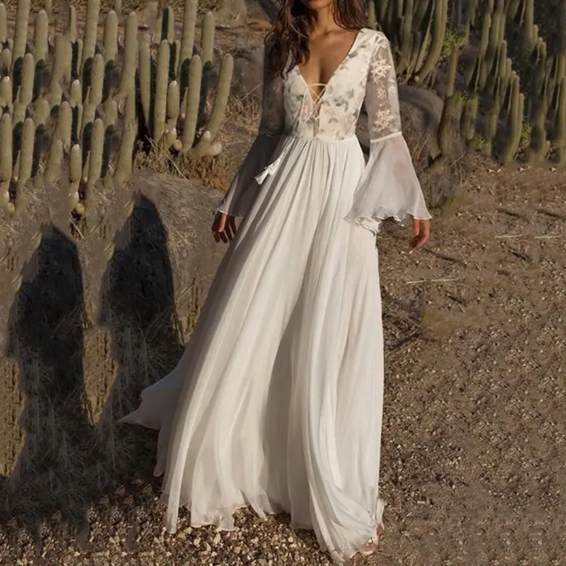 Женское длинное платье Boho белое прозрачное с цветочным принтом и