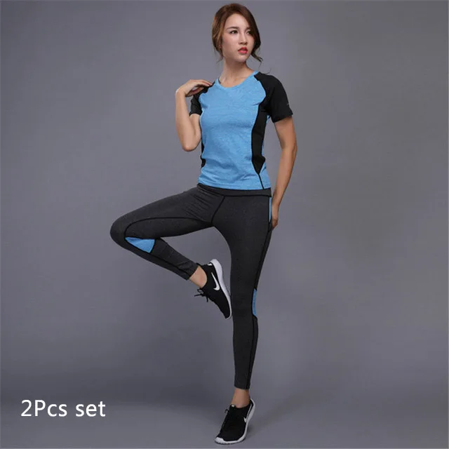 Blue 2Pcs set Женский комплект для бега, занятий йогой, футболка, спортивные костюмы, штаны для фитнеса, леггинсы, рубашка с коротким рукавом, комплекты для бега, одежда для спортзала и тренировок - Цвет: Blue 2Pcs set