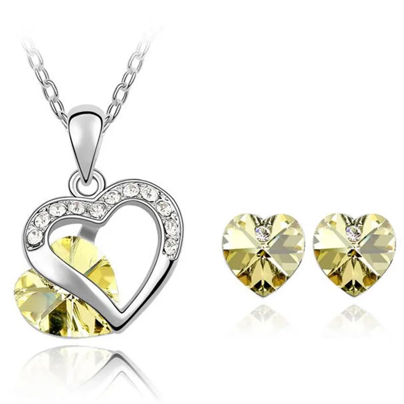 SHDEDE кристалл Swarovski сердце кулон ожерелье серьги гвоздики Свадебные вечерние Ювелирные наборы Подарки для женщин-4351 - Окраска металла: Yellow