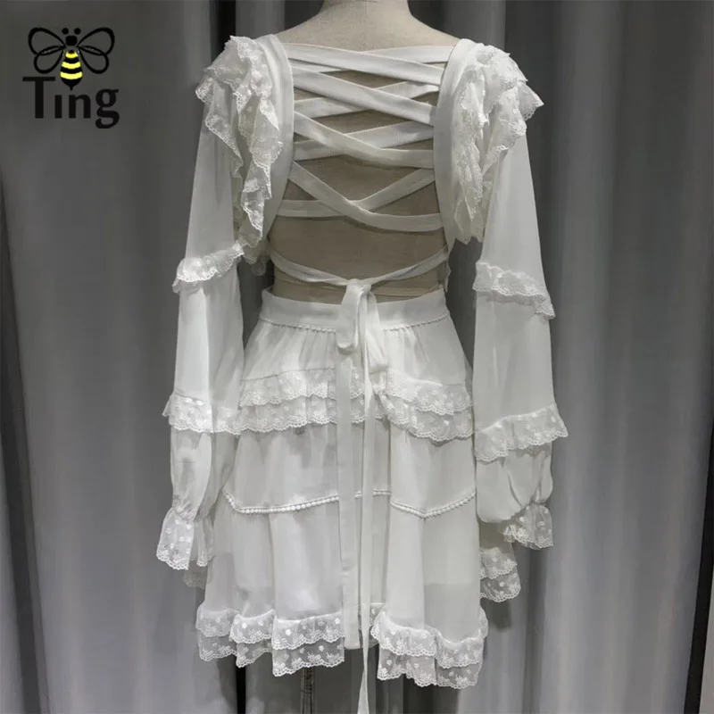 white Tingfly, модное розовое дизайнерское подиумное платье, женское шифоновое мини-платье с оборками и цветочным принтом, сексуальное платье с открытой спиной и глубоким v-образным вырезом - Цвет: white