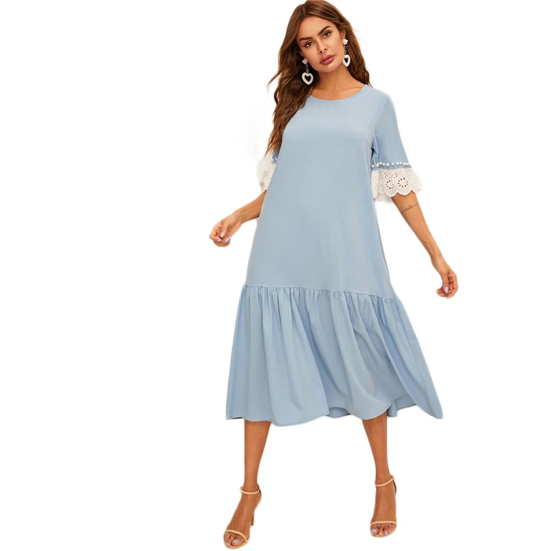 SHEIN модное платье с бусинами и вышитыми манжетами,, голубое весенне-летнее платье с коротким рукавом, туника с заниженной талией, женские платья