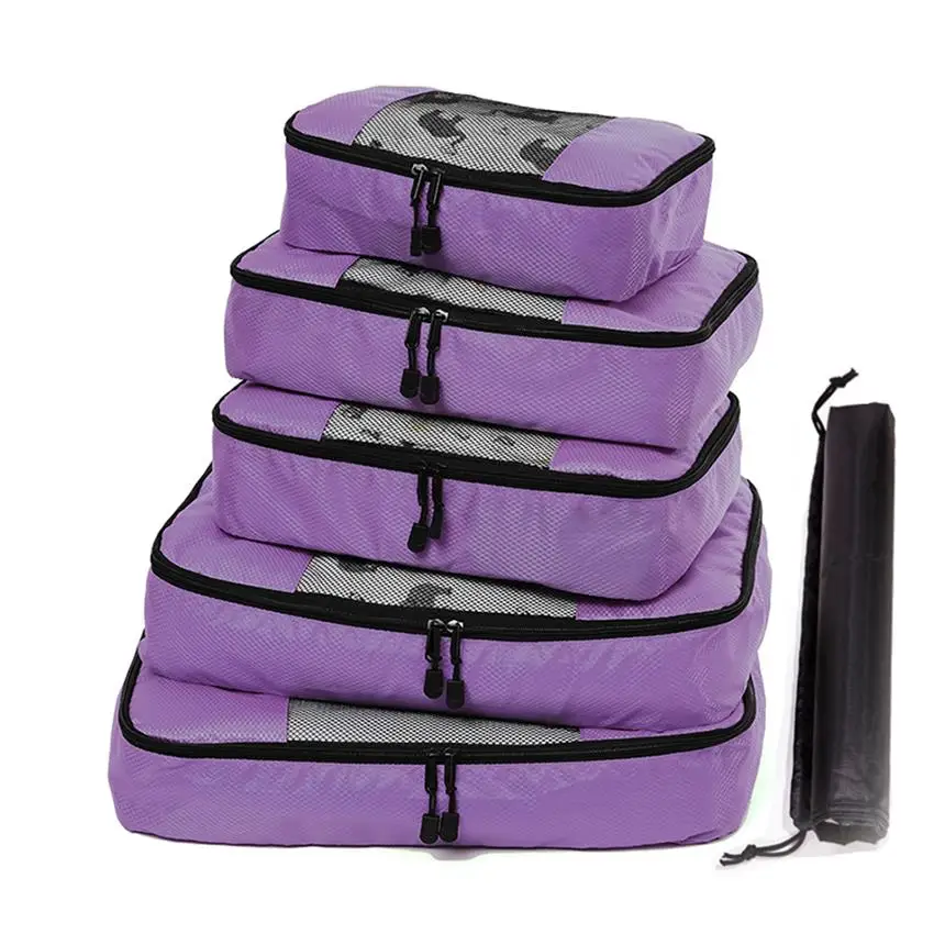 PURPLE 5 Set Компрессионная Упаковка куб Органайзер для багажа/водонепроницаемый/5 комплектов/нейлон/Мужская/Женская дорожная сумка органайзер/большая емкость - Цвет: PURPLE 5 Set