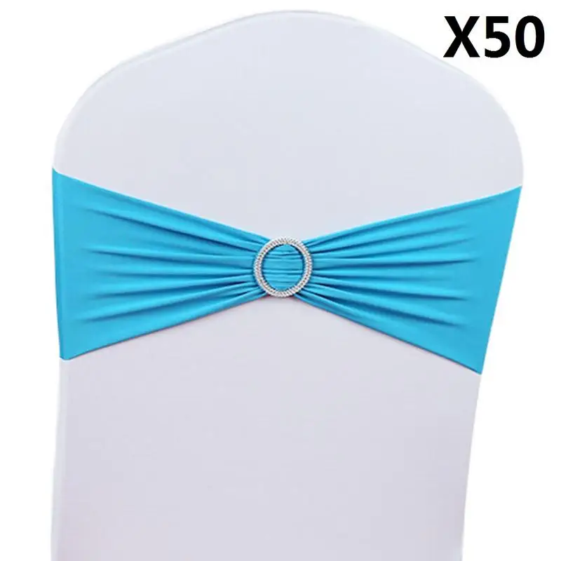 50pcs sky 50 шт./лот спандекс стрейч чехол для свадебного стула лента с пряжка со стразами пояса для свадебного декора банкетные украшения с бантом - Цвет: 50pcs sky