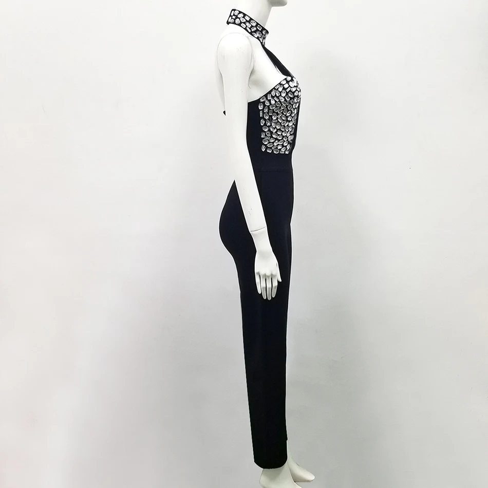 Crystal Halter Tassel Elegant Womens Rompers Jumpsuit Backless Diamonds One Piece Maxi Black Bodysuit Sexy Overalls | Женская одежда