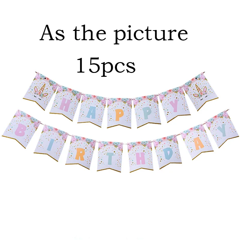15pcs Banner Розовый Единорог вечерние украшения для девочек на день рождения латексные шары Единорог посуда бумажная шляпа салфетки тарелка скатерть с днем рождения подарок - Цвет: 15pcs Banner