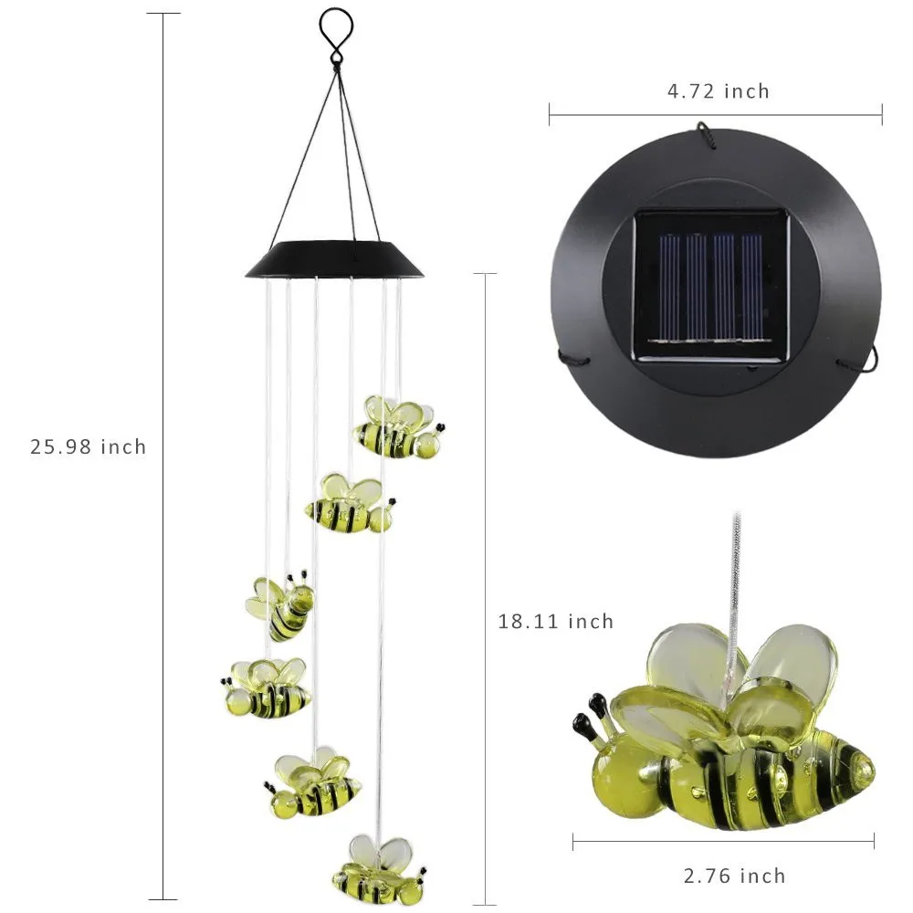 Bee Mobile Wind Chimes огни изменение цвета солнечная панельная светодиодная Подвесная