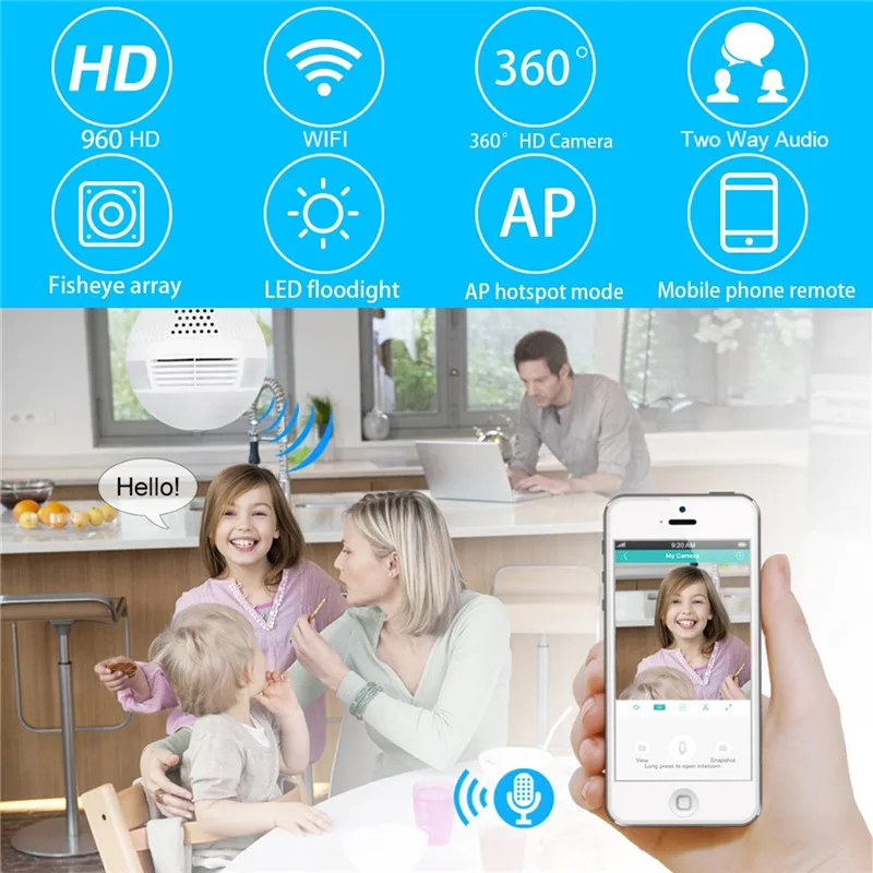 Лампа с лампой, Wi-Fi камера с аудио 1080P HD 360 градусов, беспроводная домашняя камера «рыбий глаз» с поддержкой ночного видения 128 ГБ для телефона ПК