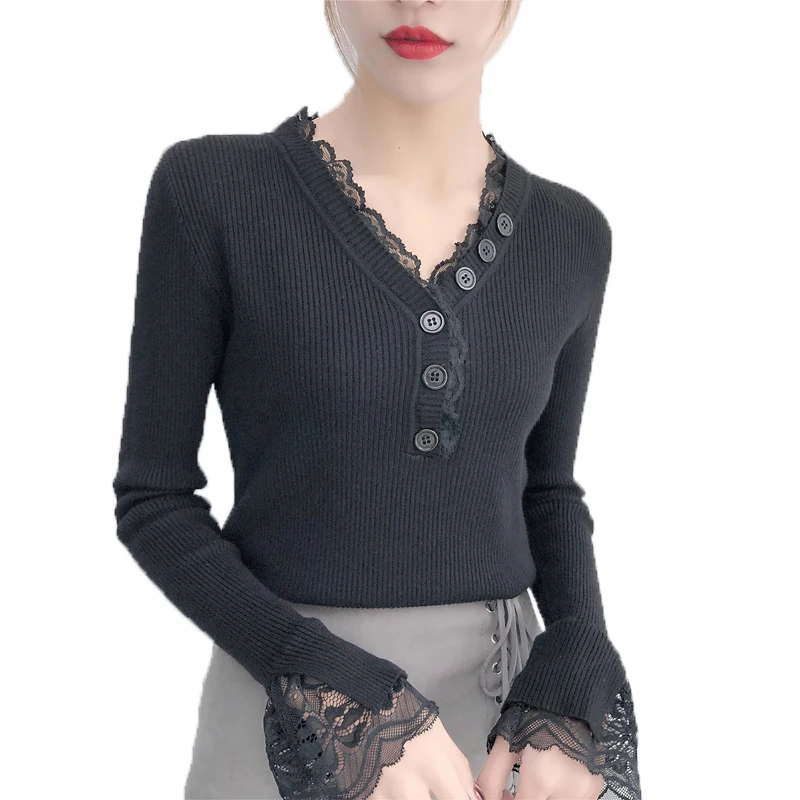 2019 Autumn Winter V-neck Knitted Pullover Sweater Lace Stitch Trumpet Sleeve Sweaters Plus Size Women Jumper Pull Femme R311 | Женская