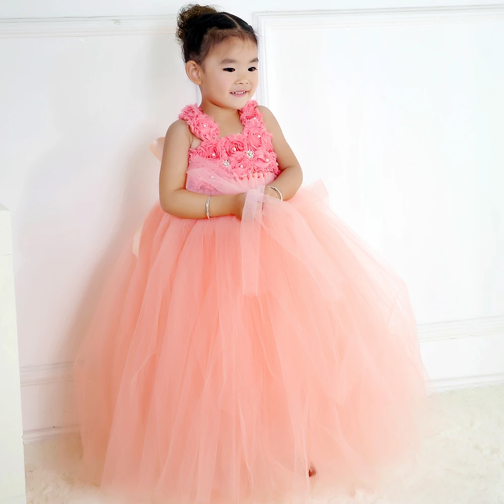 Peach Color Children Girls Flower Tutu Dress Princess Tulle Girl Dresses Kids Party Pageant Wedding Ball Gown | Детская одежда и