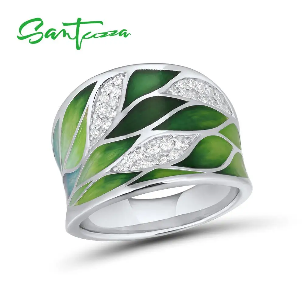SANTUZZA-anillos de plata de ley 925 con hojas verdes de bambú, joyería hecha a mano con esmalte, con zirconia cúbica luminosa, para mujeres