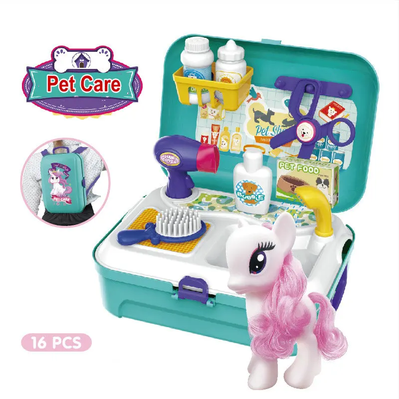 pet care pony Дети ролевые игры игрушка в виде рюкзака мини кухня/Доктор/магазин/инструмент/Уход за питомцем/комод детская игрушка набор девочка играть игрушки Рождественский подарок - Цвет: pet care pony