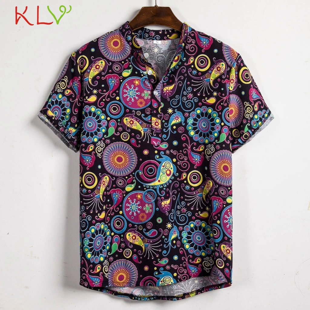 Мужская рубашка гавайская Летняя Пляжная с v образным вырезом и коротким рукавом