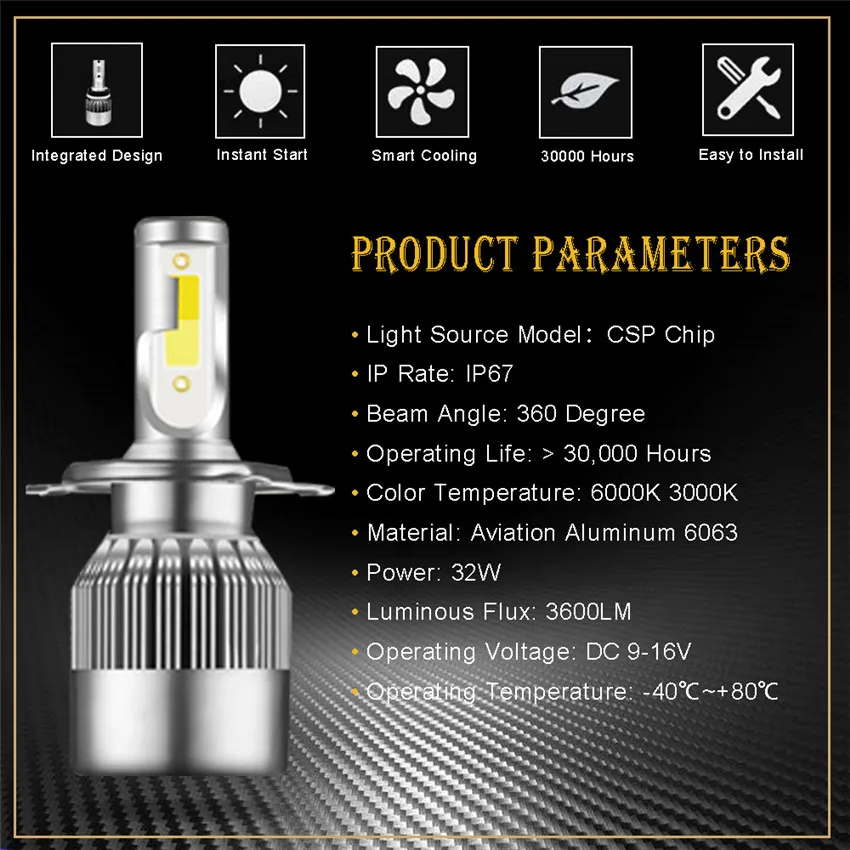 TXVSO8 2X 6000K led h4 автомобильные лампы для фар машины CSP Chips- 3600LM (комплект из 2)