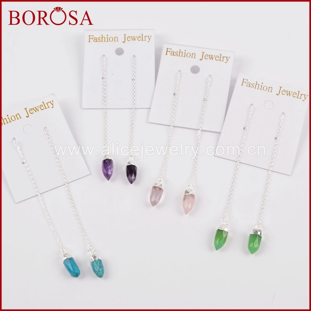 Модные серьги BOROSA Drusy с ниткой серебристые разноцветные камни кварцевый синий