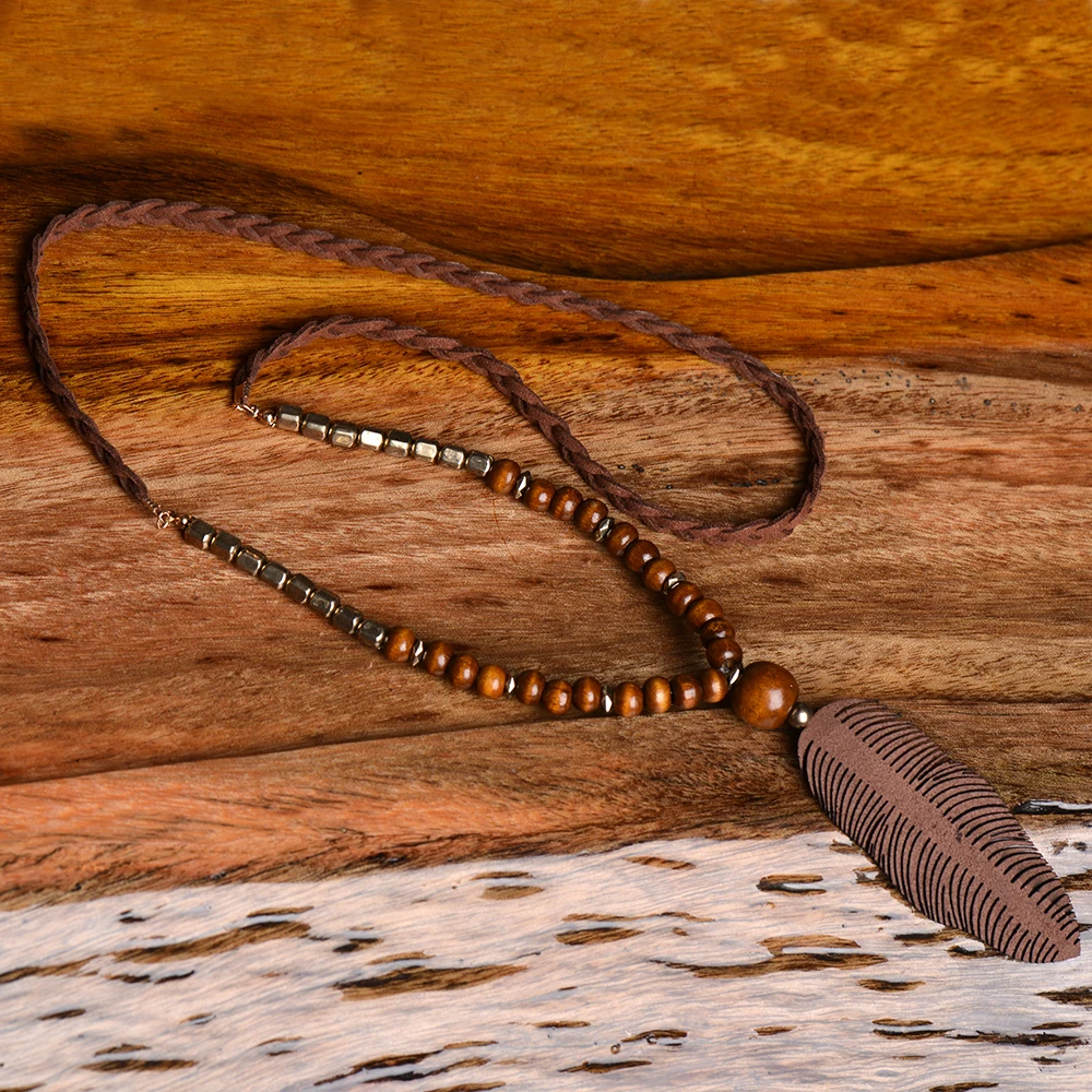 Богемное длинное ожерелье с подвеской в виде листьев из дерева женское винтажное