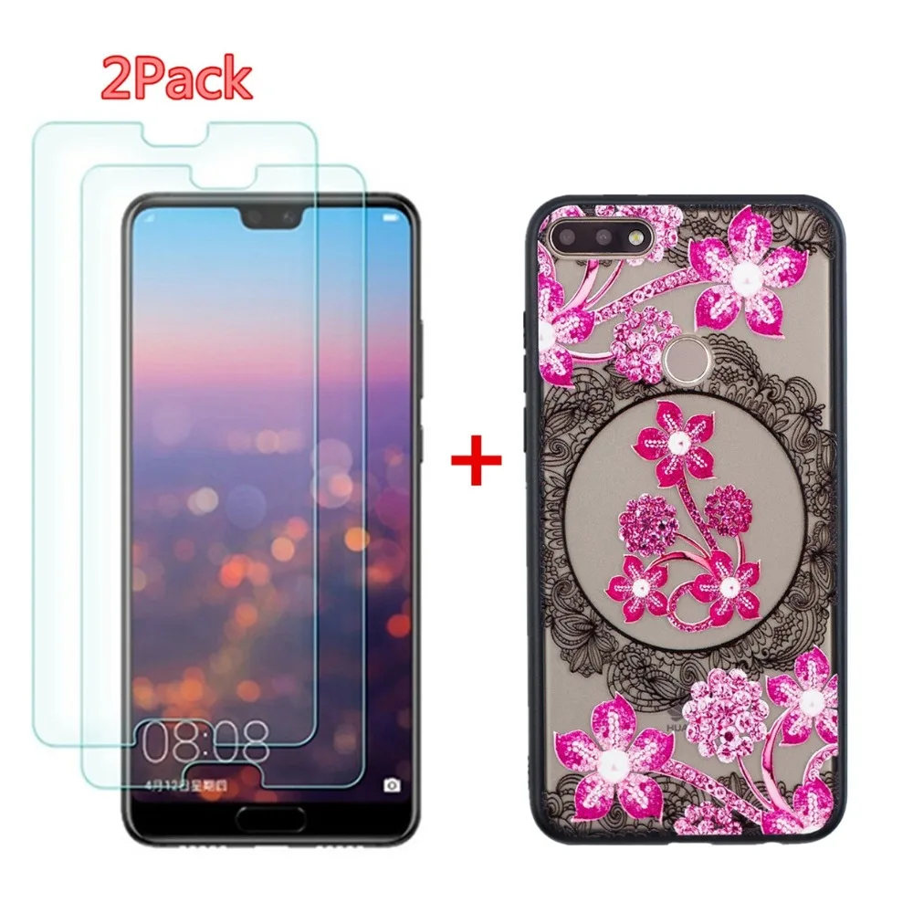 Phone case for Huawei Honor 7C (5.99&quot) /Enjoy 8 Hard PC+ TPU Bumper cover (1 Case+ 2pcs Tempered glass) 3D Plum blossom pattern |