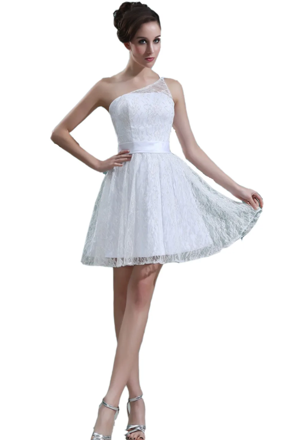 natural none A line sleeveless one shoulder mini miniskirt short white lady lace designer sexy babydoll cocktail party dress | Свадьбы и